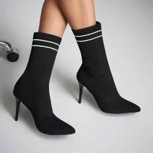 SHEIN Knitted Ankle Boots Black with White Stripe Detail High Heel NWOT Size 7.5